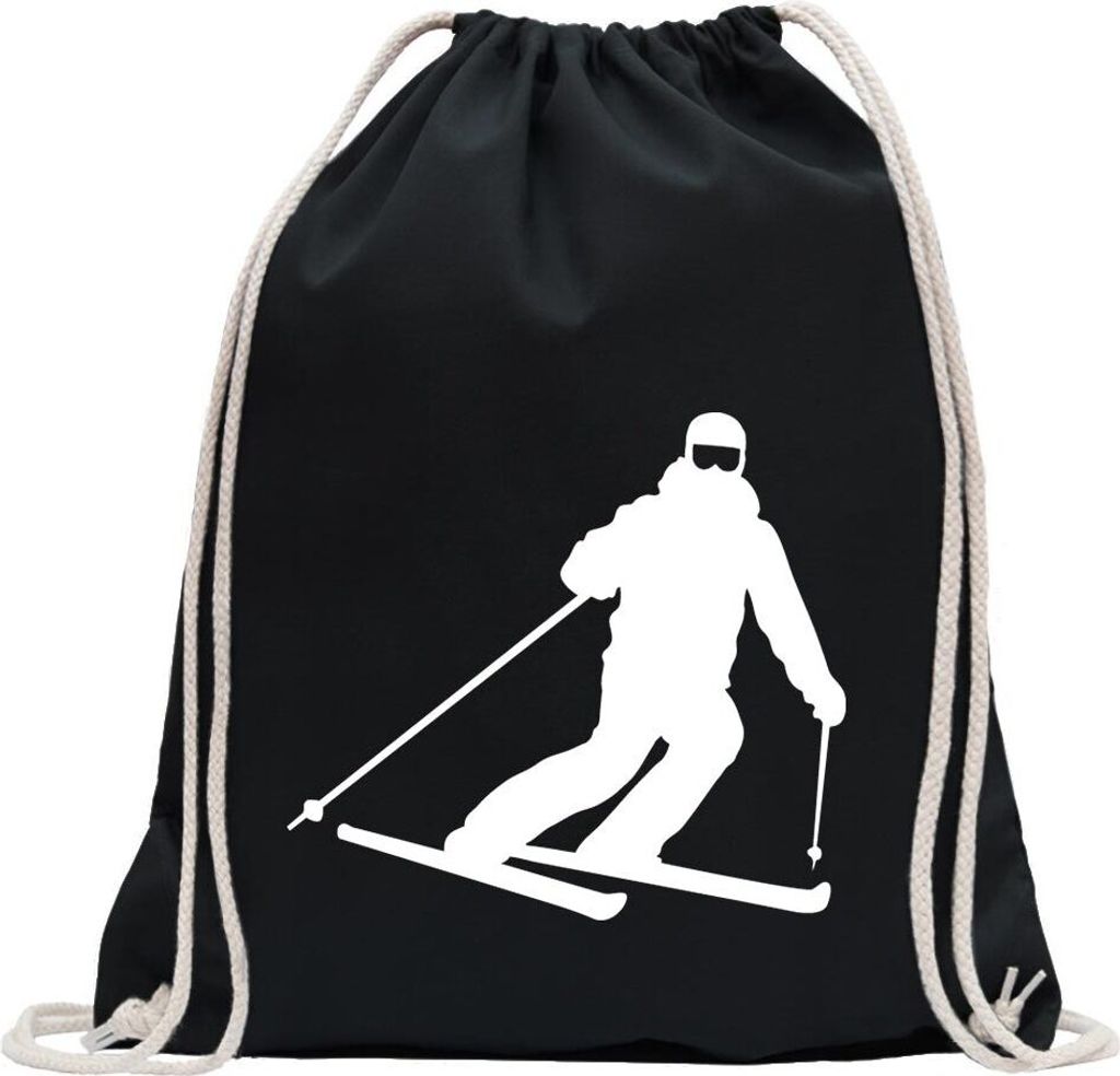 Kiwistar - Turnbeutel - schwarz - Skifahrer Skiläufer Langlauf - Fun Rucksack Sport Beutel Gymsack Baumwolle mit Ziehgurt