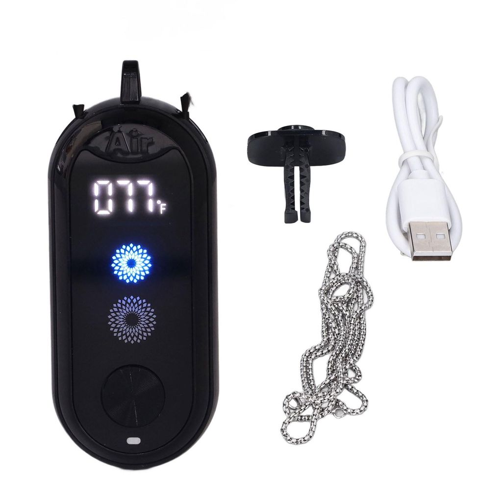 A collection of items for a portable air purifier set, including the main device, a charging cable, a car vent clip, and a necklace.