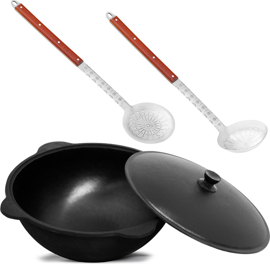 Original Usbekischer Kasan 16 L aus Gusseisen mit Aluminium-Deckel – Namangan Schwenktopf Dutch Oven Feuertopf für Camping Outdoor inkl. Schöpf...