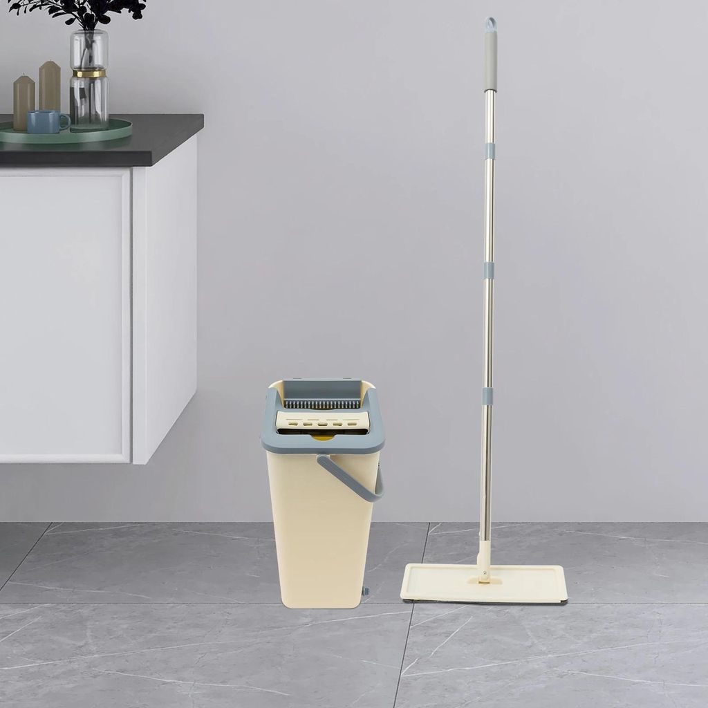 Flachmopp Set - Bodenwischer - 360° Drehbar - 8 L Eimer mit Doppelkammer - 10 Waschbare Pads - Haarentfernungsbürste - Leichtes Auswringen - Wand...