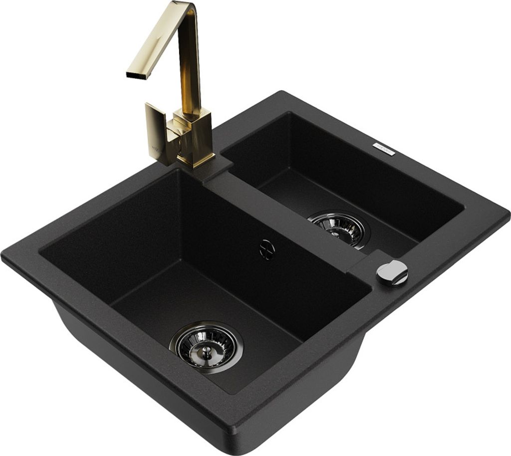 Mexen Carlos 1,5-Becken-Granitspüle mit Mischbatterie Rita, Schwarz - 6518-77-670300-50-B