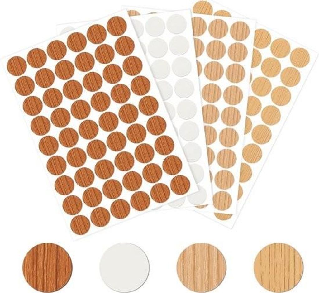 216 selbstklebende Schraubenlochaufkleber 21 mm - Abdeckkappen für Möbel - Schraubenkappen - Holz - Kleiderschrank - Schränke - 4 Farben.