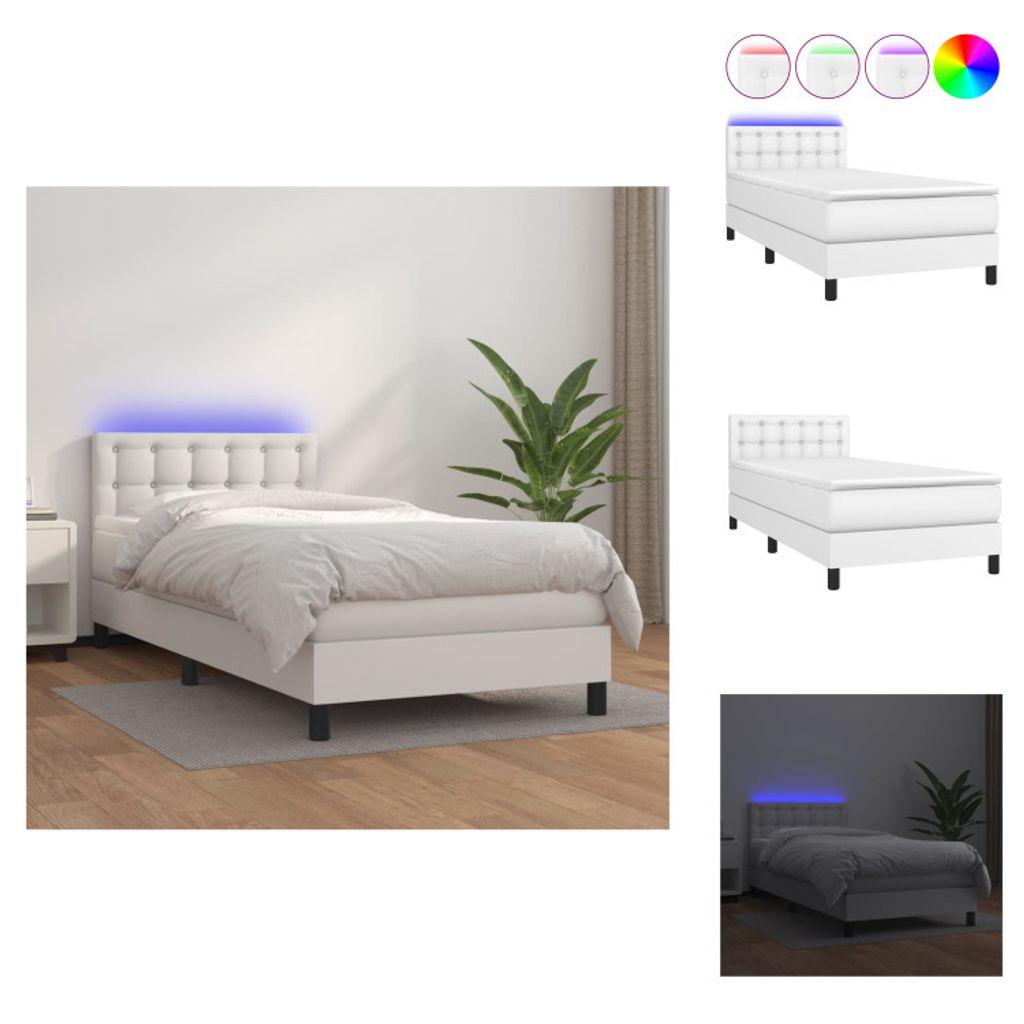vidaXL Boxspringbett mit Matratze & LED Weiß 90x200 cm Kunstleder - Betten & Bettgestelle