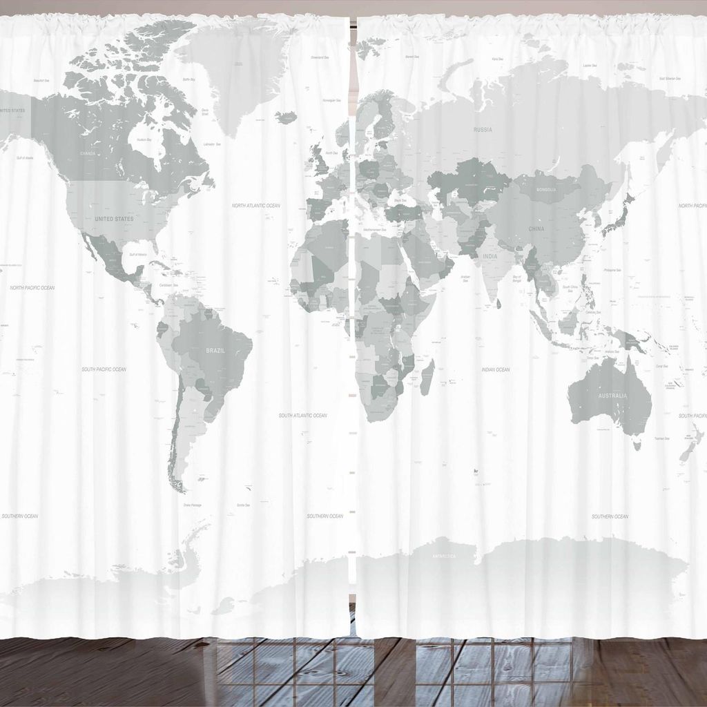 ARANDE Grau Gardine, Ausführliche Politische Weltkarte mit allen Ländern, 280 x 260 cm, Grau weiß