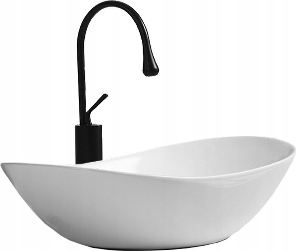 A white oval sink with a black faucet against a white background.