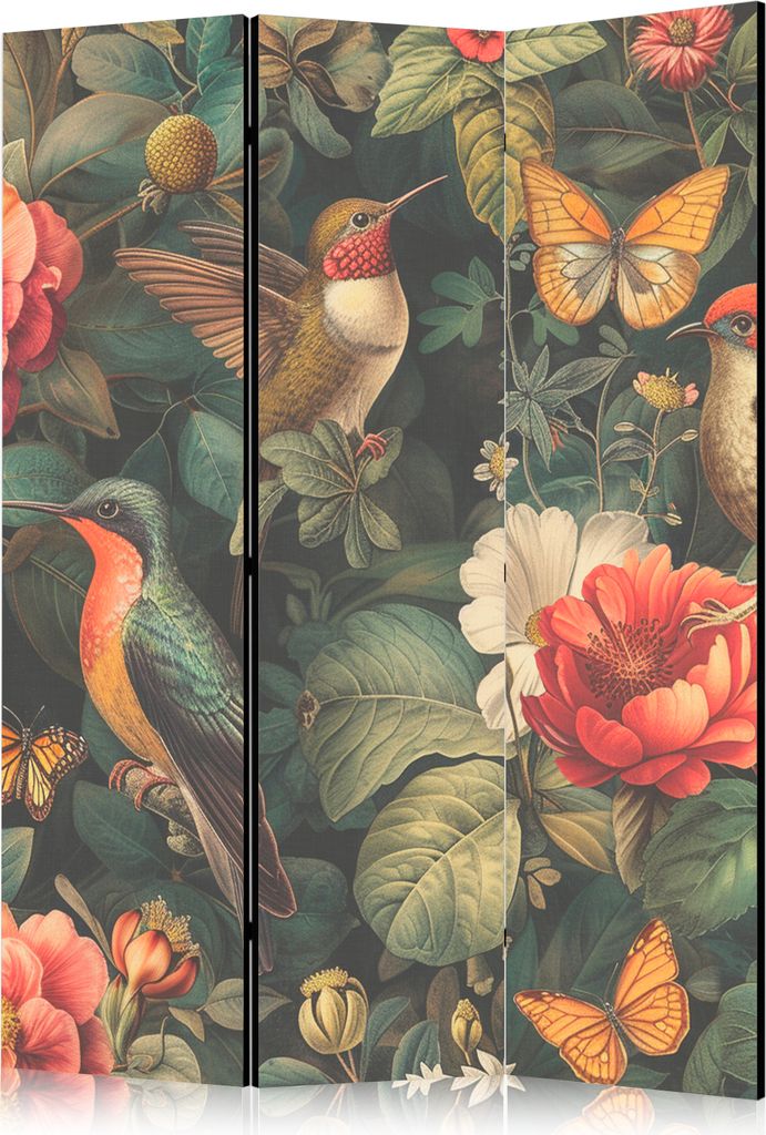 3-teiliger Einseitiger Vlies Paravent - In the Botanical Garden - Flowers Birds and Butterflies - Colorful Illustration 135x172 cm Blumen b-H-10020...