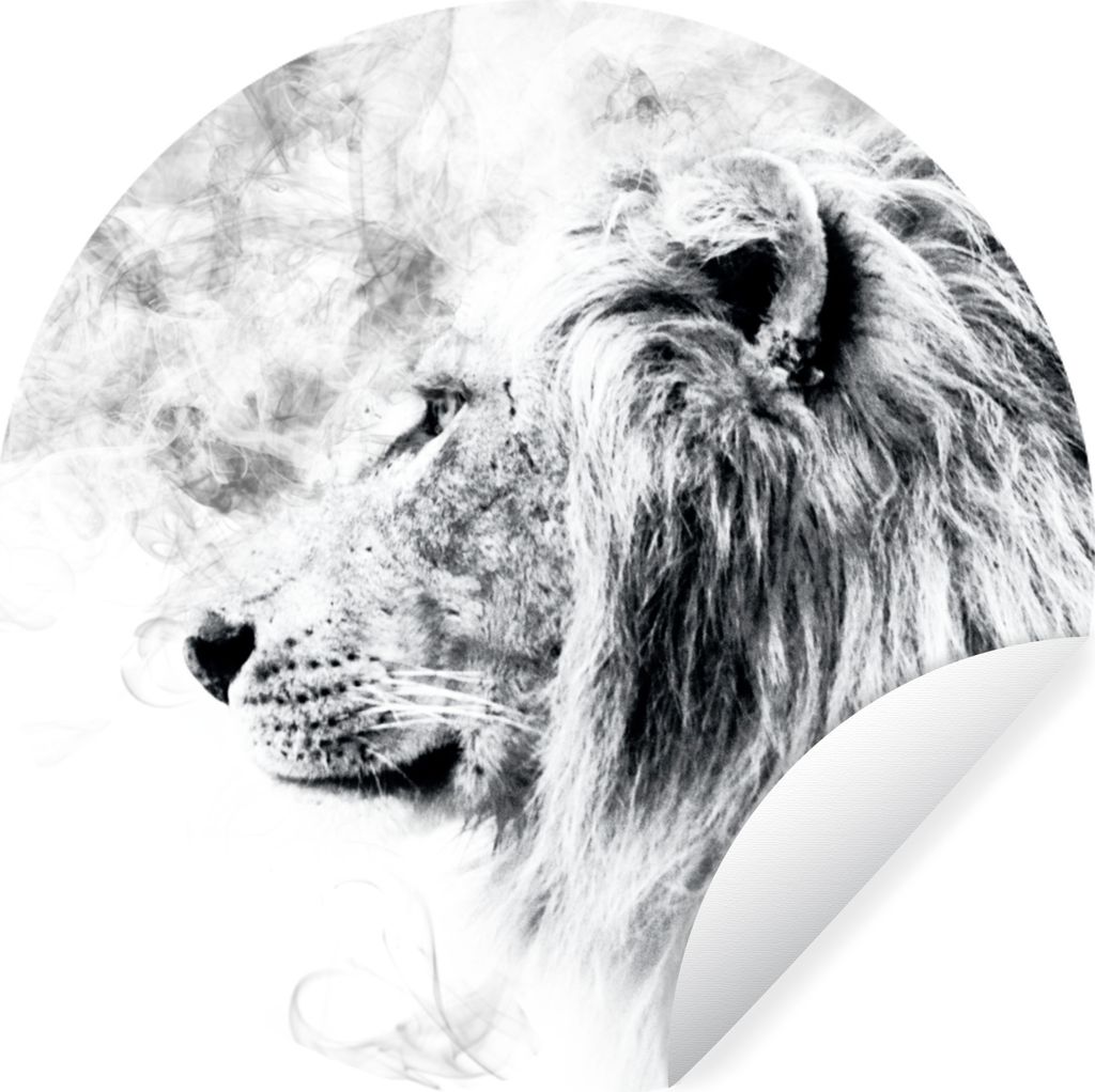 MuchoWow Runde Wandtattoo - Wandsticker Tapete Aufkleber Löwe - Schwarz - Weiß - Linie Ø 80 cm Selbstklebend und Repositionierbar - Wandaufkle...