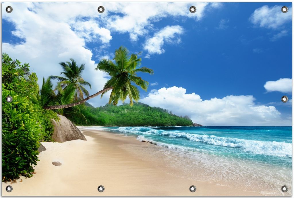 Wallario Outdoor-Poster für Garten oder Balkon, Motiv Urlaub auf den Seychellen unter Palmen am Sandstrand, in ca. 80 x 120 cm