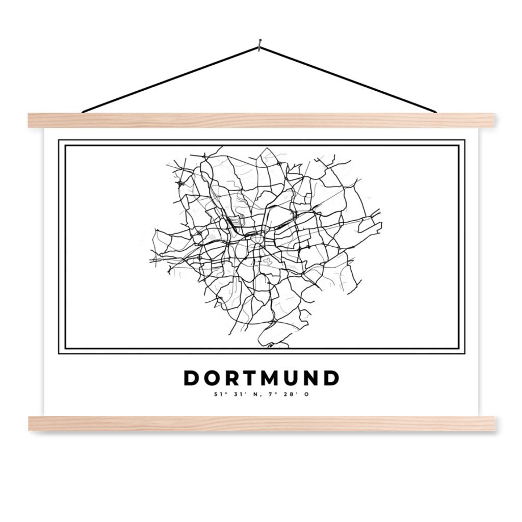 MuchoWow Textilposter Stadtplan - Deutschland - Schwarz und weiß - Dortmund - Karte 120x80 cm mit holzfarbenen Rahmen - Aufhängeset