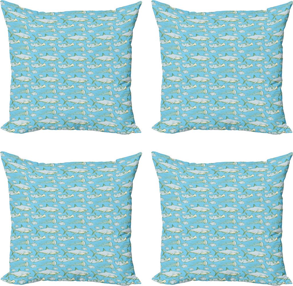 ABAKUHAUS Hai Kissenbezug Set (4 Stück), Vintage Sea Creatures, Moderner Doppelseitiger Digitaldruck, 45 cm x 45 cm, Blassblau Grau Grün