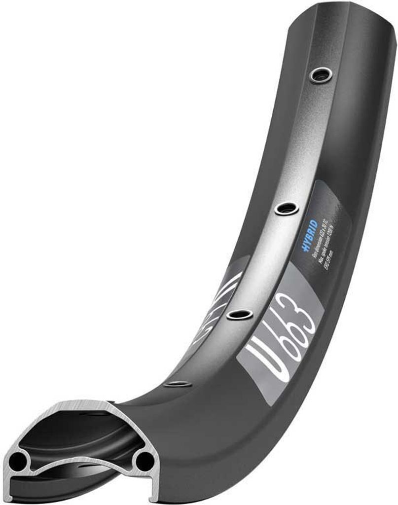 A close-up, angled view of a bicycle rim, showing its cross-section and some branding.