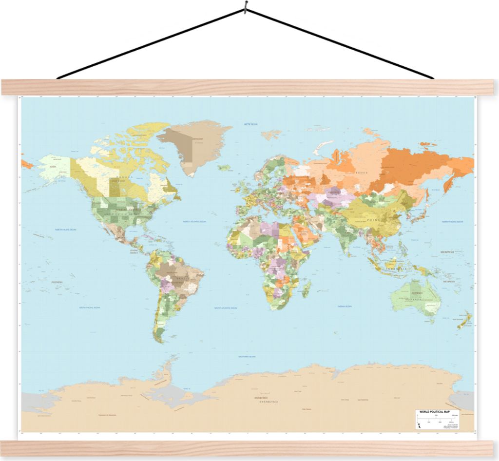 MuchoWow Textilposter Welt - Karte - Orange - Grün 150x113 cm mit holzfarbenen Rahmen - Poster