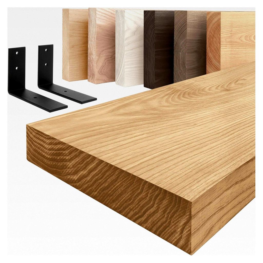 Holzregal mit schwarzen L-förmigen Halterungen | Wandregal 140 cm breit für Badezimmer, Flur, Küche im Industrial-Stil | Farbe: Rustikal, Kante:...