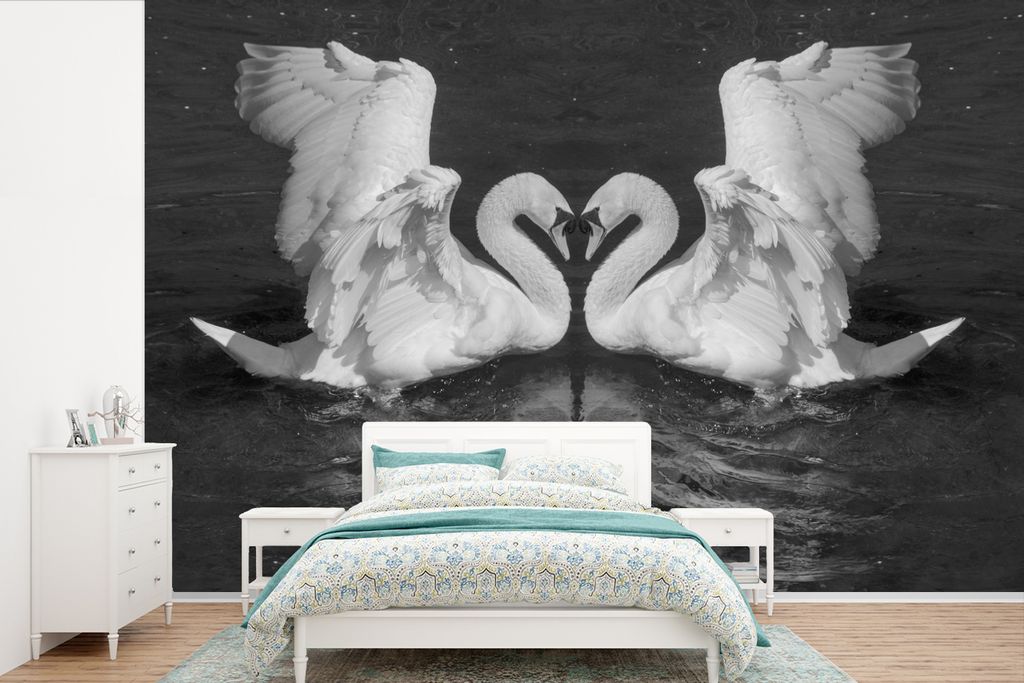 MuchoWow Fototapete für Wohnzimmer oder Schlafzimmer Wandtapete Vinyl Motivtapete Verspiegelter Schwan - 360x240 cm - Vinyl-Tapete