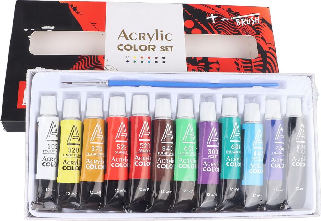 Acrylfarben-Set mit 12 Farben, je 12 ml, trocknet schnell, verhindert Ausbleichen, Tuben zum Bemalen von Leinwand, Holz, Keramik