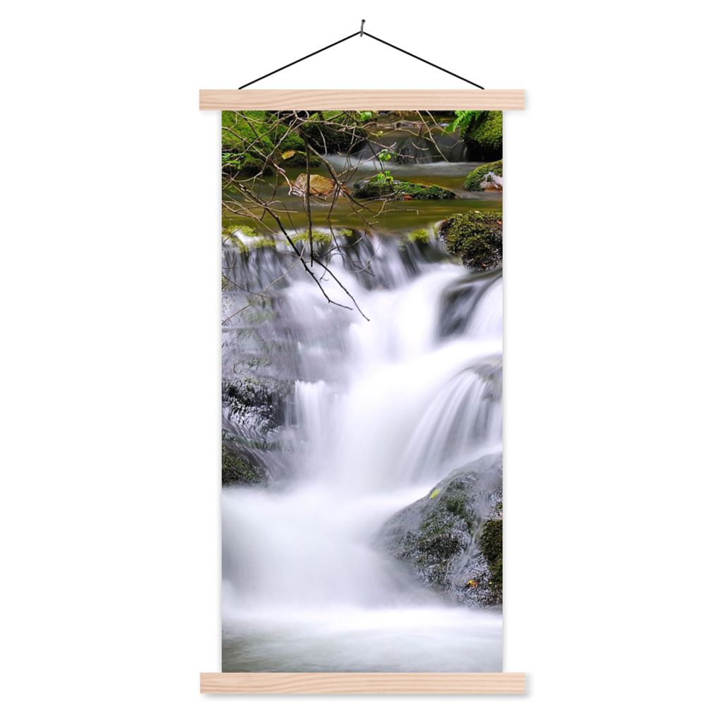 MuchoWow Textilposter Wasser - Natur - Wasserfall 60x120 cm mit holzfarbenen Rahmen - Holz