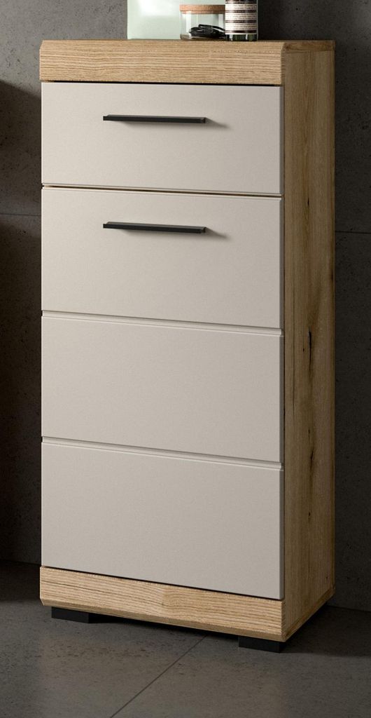 Badezimmer Kommode "Shawn" in Sand Kashmir und Evoke Eiche Badschrank 37 x 88 cm