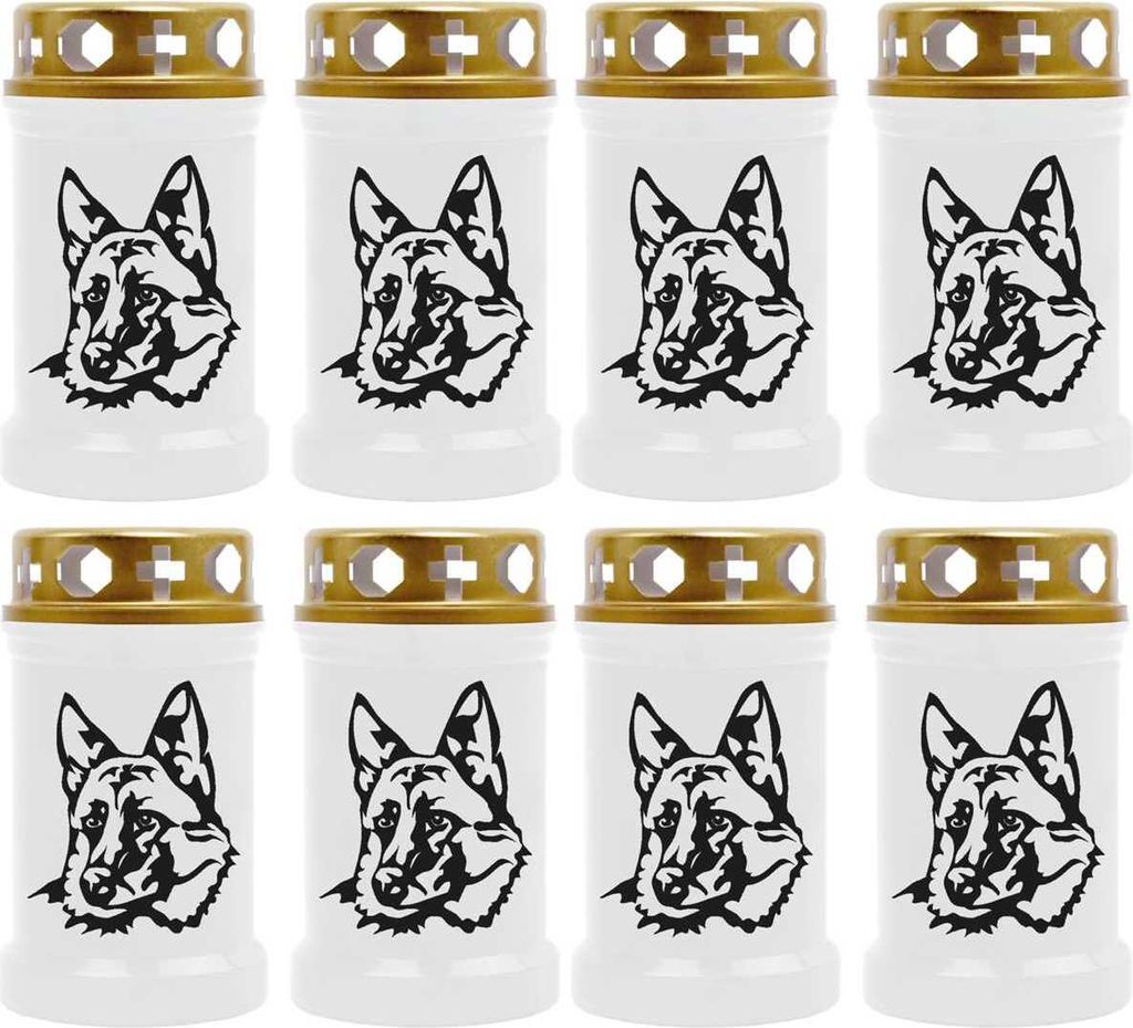 Grabkerze Weiß 8er Pack, Brenndauer: 40 Stunden ( je Kerze ), Motiv: Schäferhund