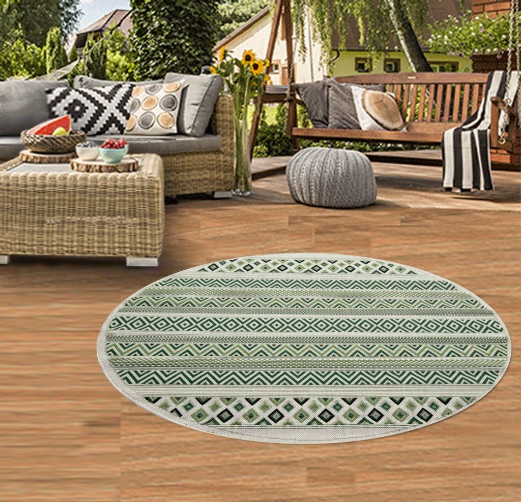 In- & Outdoor Teppich Sisal Optik Balkon Küche Wohnzimmer Terrasse gestreiftes Zickzack Rauten Diamantenmuster grün sand Größe - 120x170 cm