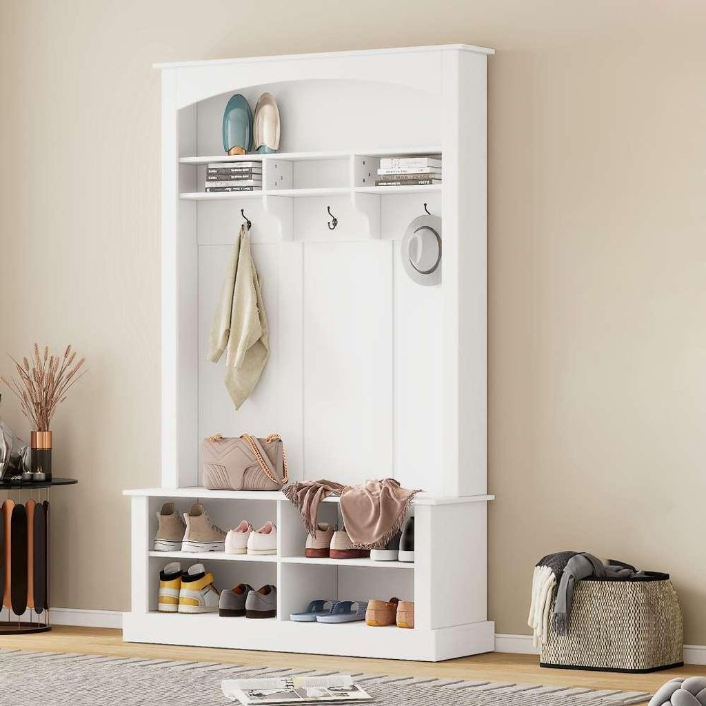 Moderner Garderobenständer, Schuhbank, 6 Haken, freistehend, multifunktional – ideal für Flur & Eingang. Hochwertig & langlebig, 120x40x191 cm