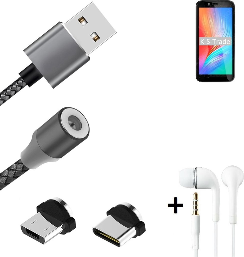 K-S-Trade Hochwertiges Magnet-Lade-kabel Sync-Kabel Daten-Kabel + Kopfhörer kompatibel mit Elephone U5 mit USB-Typ-C-Anschluss und