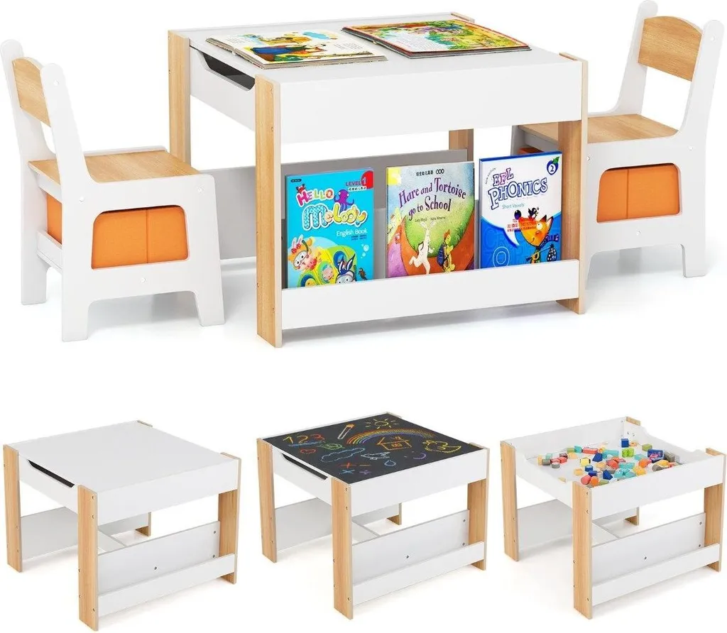 Tavolo Bambini con 2 Sedie e Libreria - Legno Naturale Reversibile