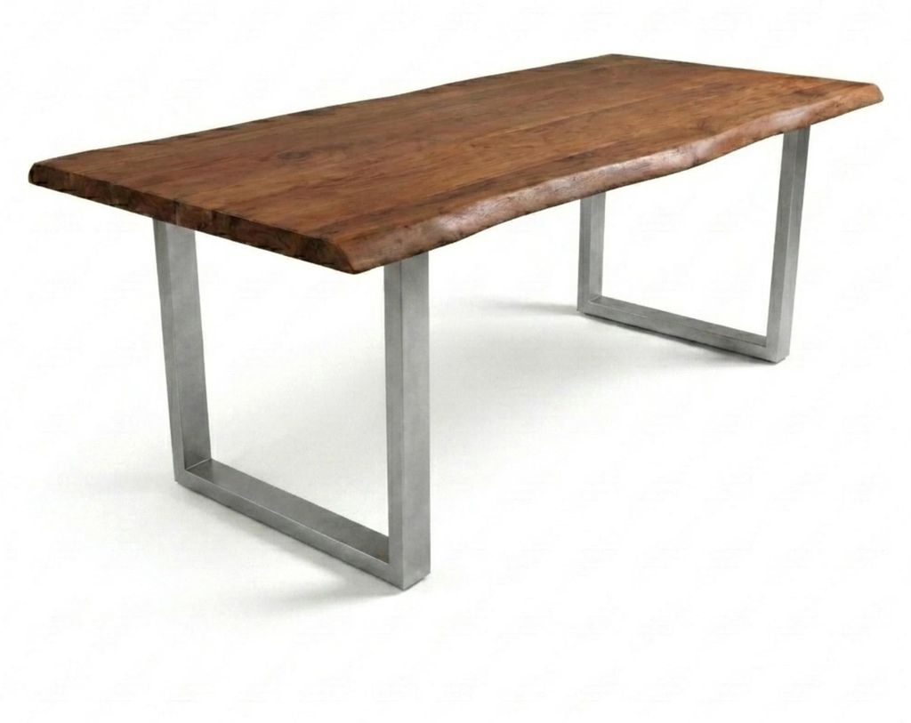 Baumkantentisch Cali 260 x 110 cm, Akazienholz massiv nussbaumfarben, 50 mm Tischplatte, Esstisch mit U-Metallgestell Silber, Industrial-Design