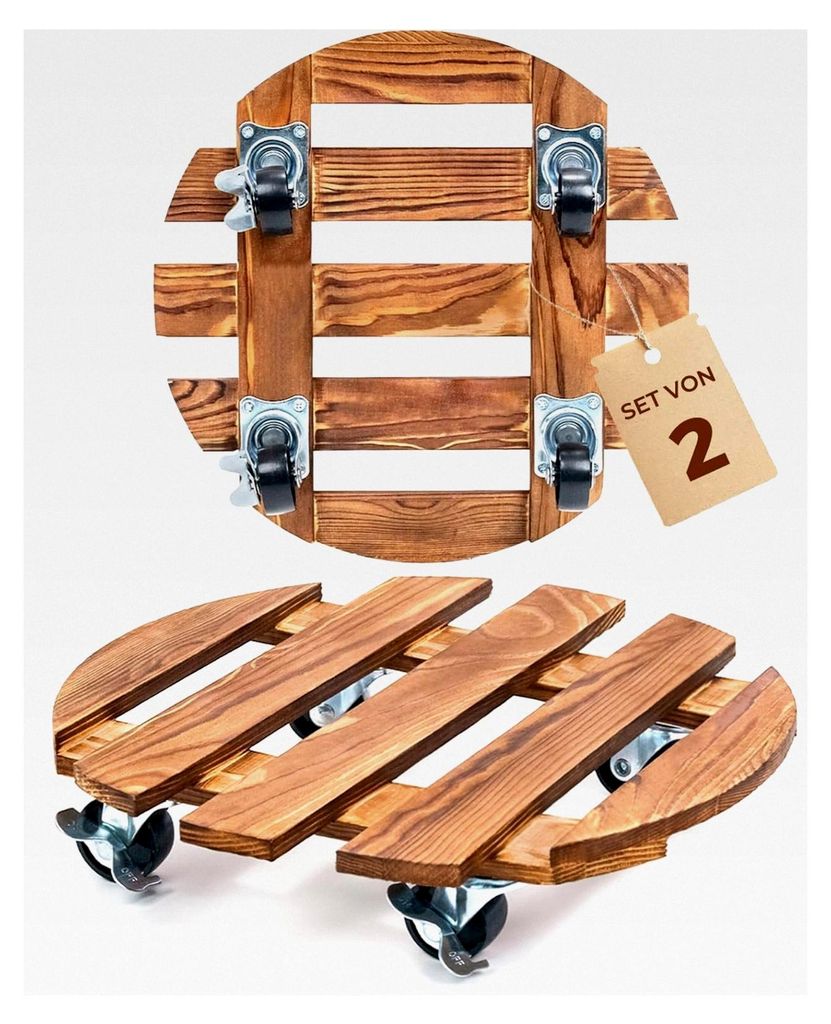 Pflanzenroller aus Holz im 2er Set – stabiler, wetterfester Pflanzenroller für den Außenbereich mit Bremse, Blumentopfuntersetzer mit Rollen Ø...