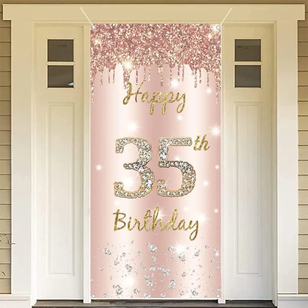 Bannière Joyeux 35e Anniversaire en Tissu Rose Gold pour Déco de Fête