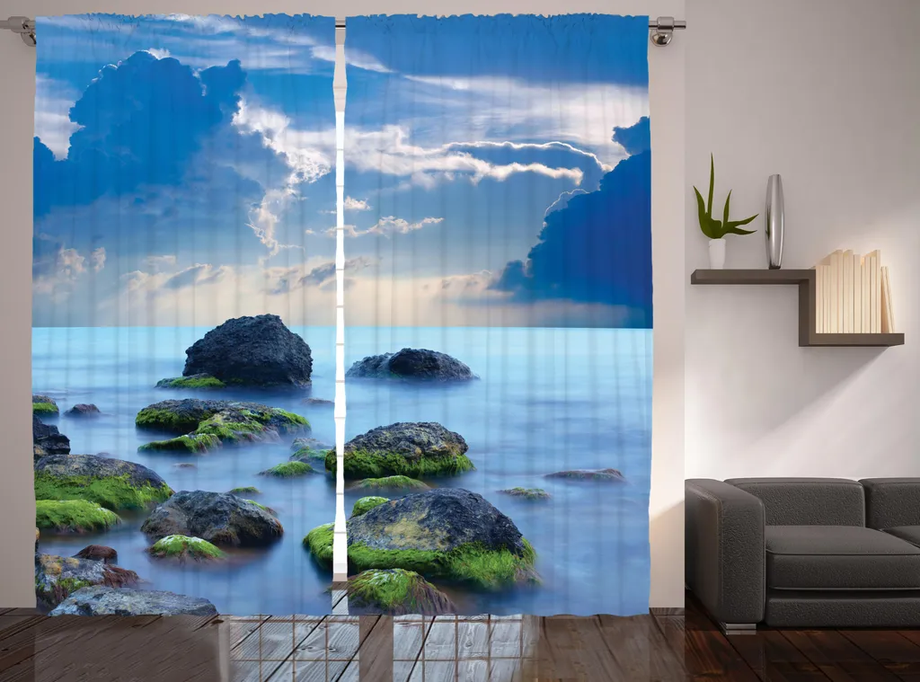 Rideau Décoratif Zen pour Chambre Parentale Bleu et Vert 280 x 225 cm
