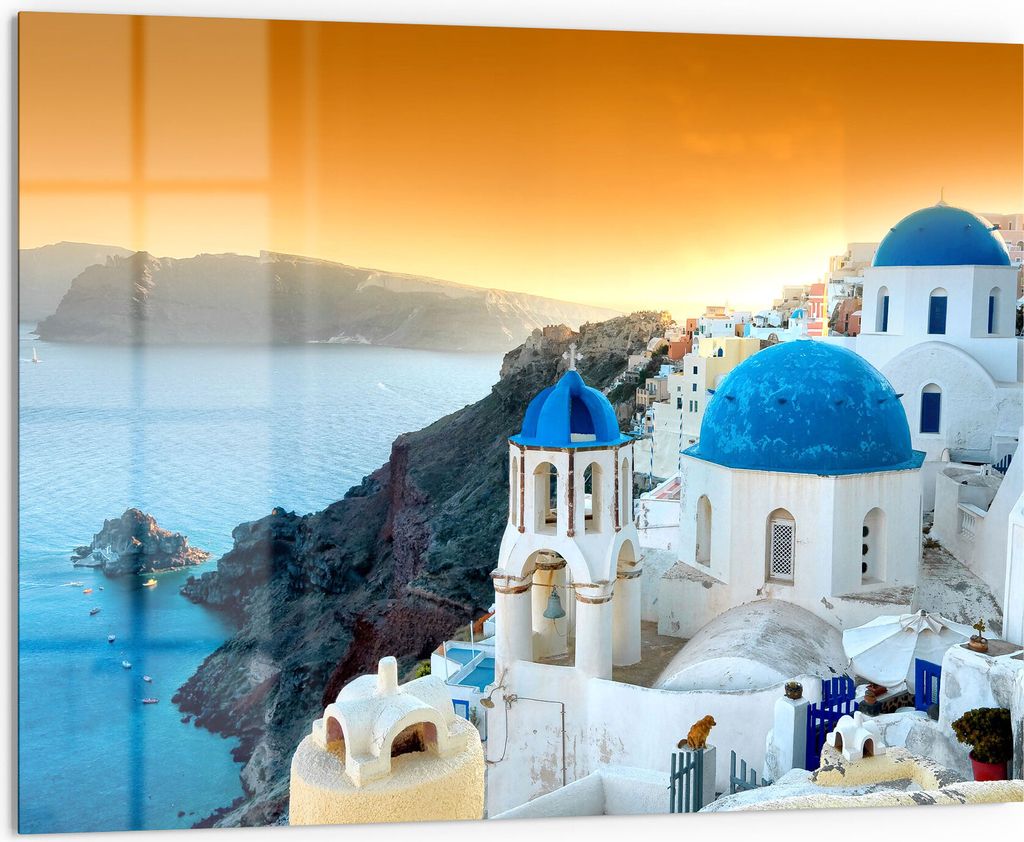 DEQORI Küchenrückwand Glas 80x60 cm 'Blaue Kuppeln von Oia' Spritzschutz Bad Rückwand