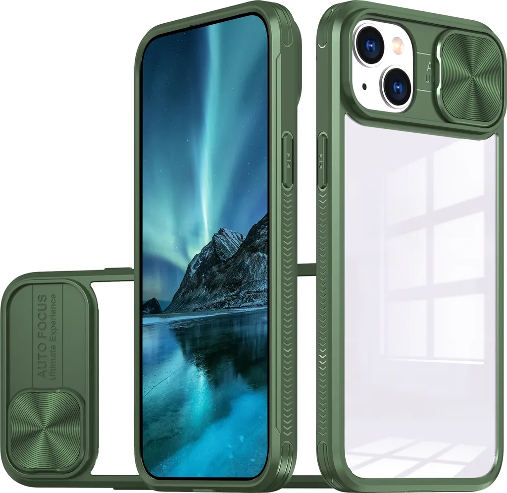 Custodia iPhone 15 Trendy Verde: Trasparente Chic con Slide Camera Cover