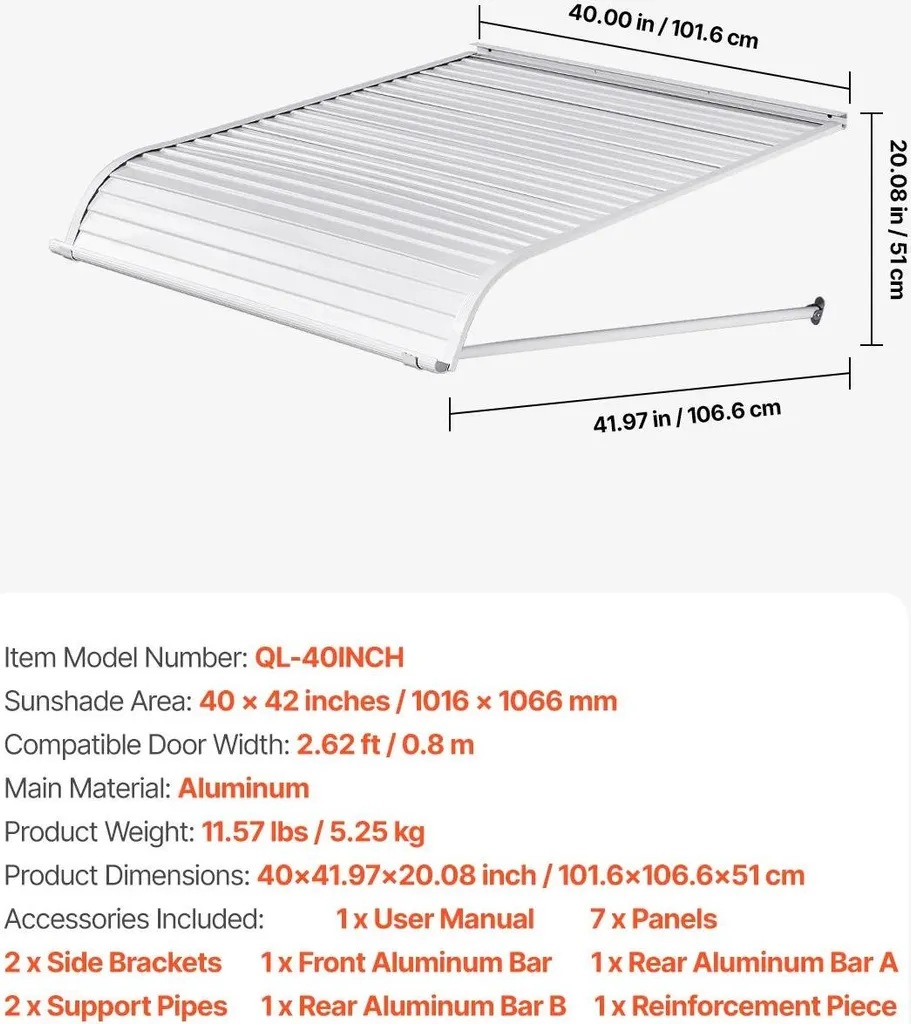 Auvent de porte 40 pouces en aluminium durable avec gouttière intégrée