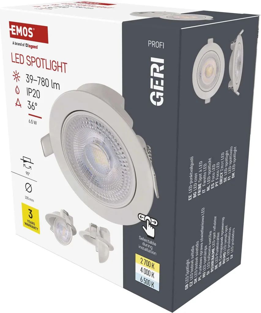 EMOS Luce da incasso LED GERI, orientabile a 90°, dimmerabile, colore della luce regolabile, 780lm, 6,5W (invece di una lampadina da 60W), per interni, Ø10,5cm, bianco, ZV1160