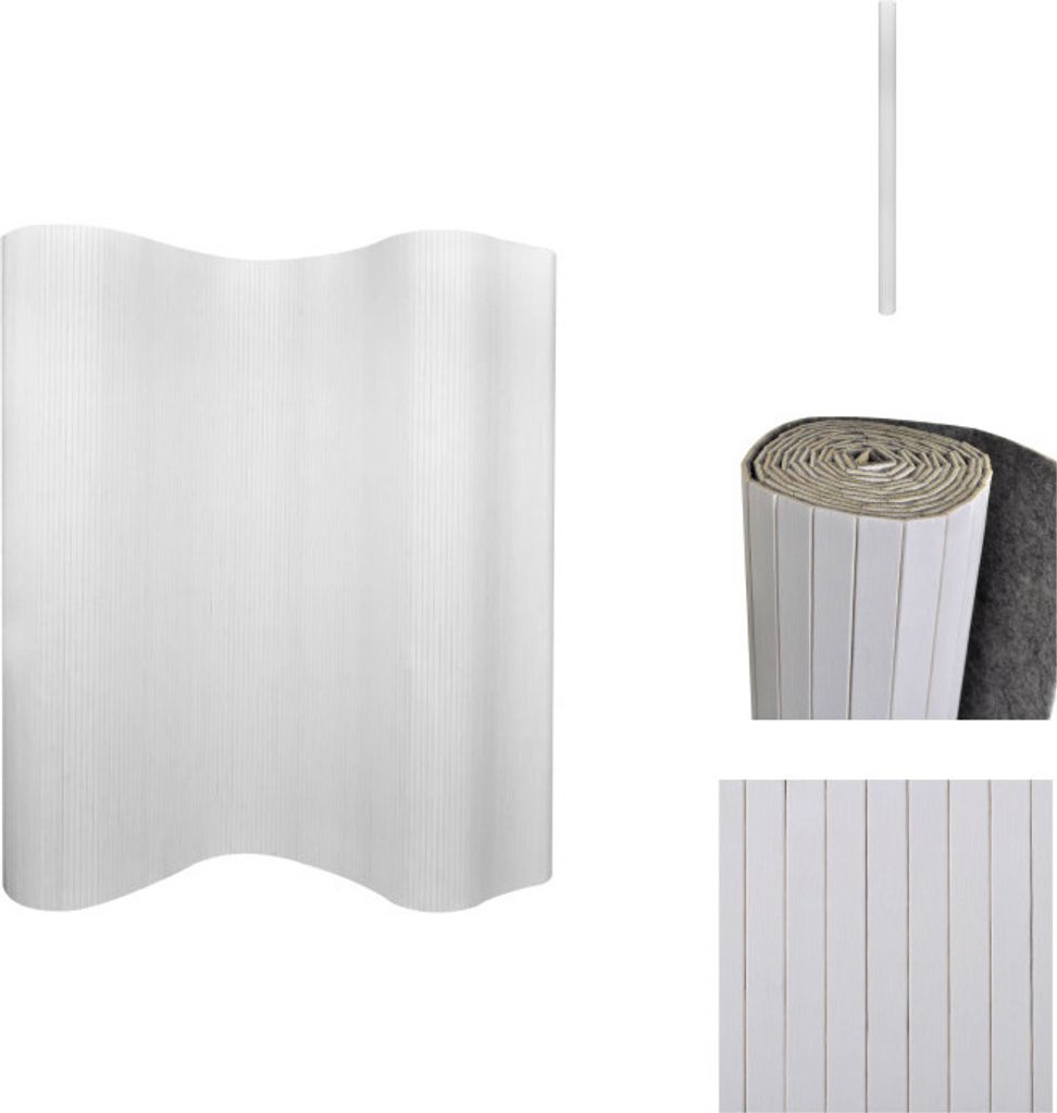 A white room divider is shown in a studio setting with a white background. There are also close-up shots of the material and a rolled-up section of the divider.