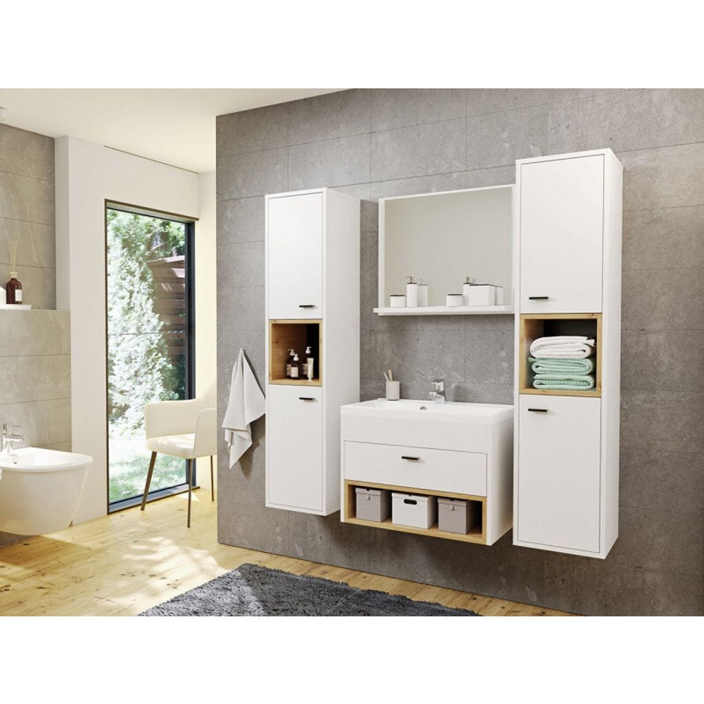 A modern bathroom vanity set with storage cabinets and a sink, set against a grey tiled wall.