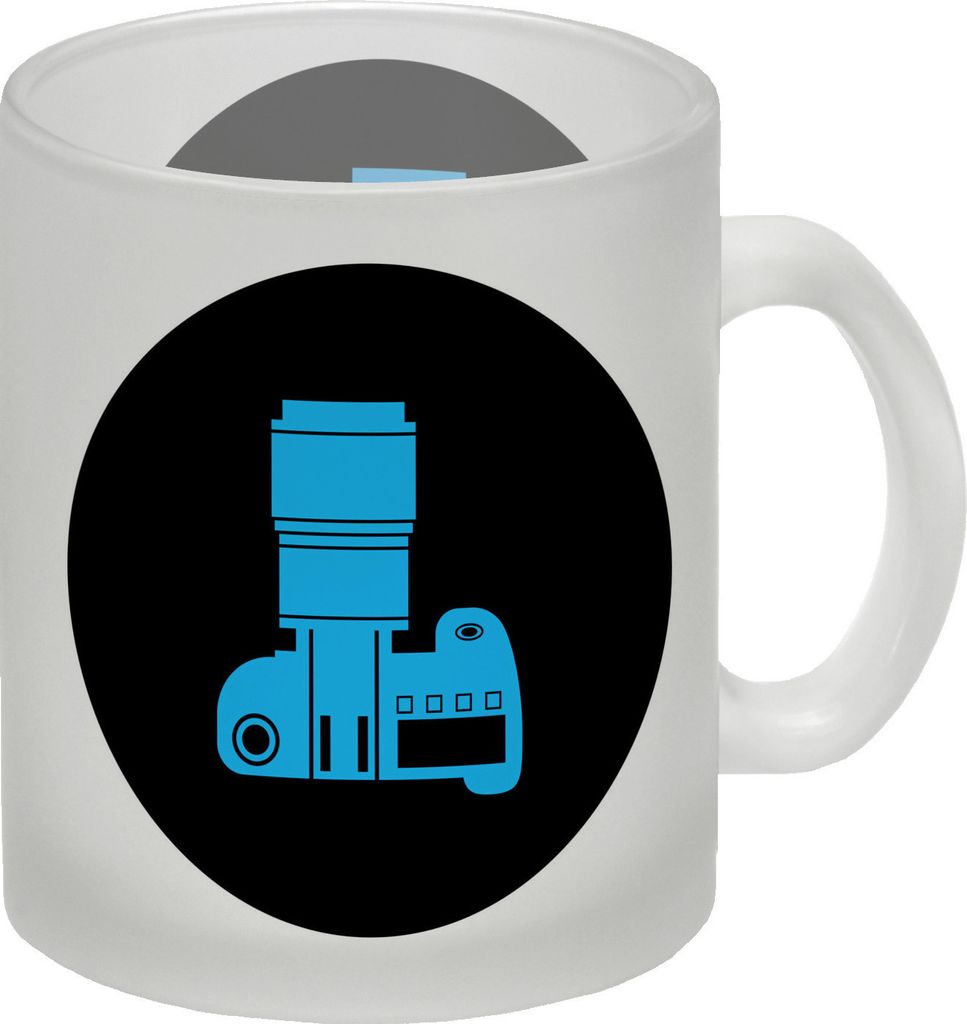 Fotografie Glas Tasse mit Kamera Motiv in Blau