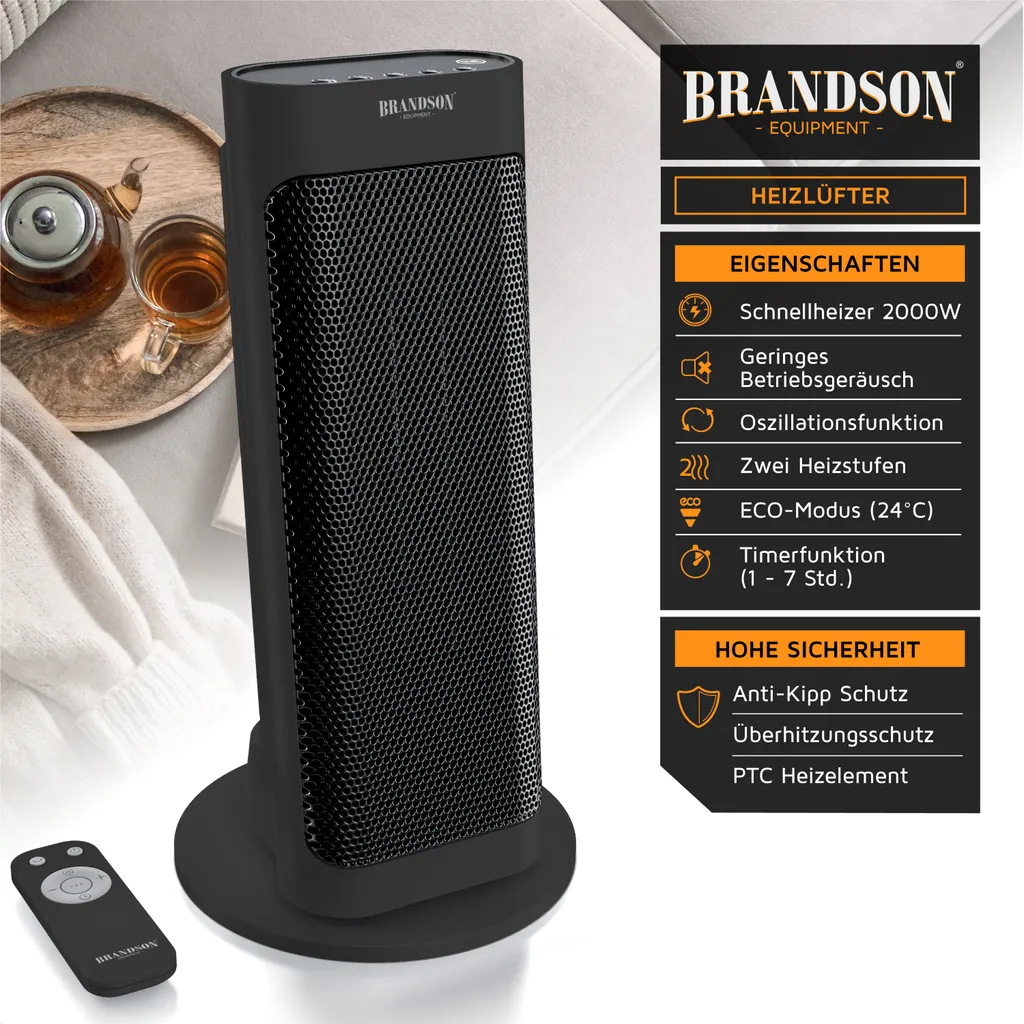 Brandson Radiateur Soufflant 2000W Céramique Noir avec Télécommande
