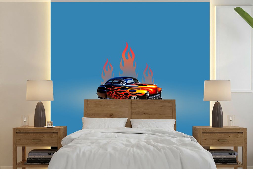 MuchoWow Fototapete für Wohnzimmer oder Schlafzimmer Wandtapete Vinyl Motivtapete Auto - Flammen - Feuer - Blau - Vintage - 280x280 cm - Hinterg...