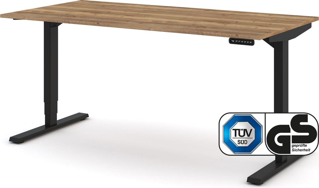 ASSMANN Elektrisch höhenverstellbarer Schreibtisch Y-Line Eiche Tabak Schwarz, 160x80cm, Memoryfunktion, Kollisionsschutz, 2-fach-Motorik