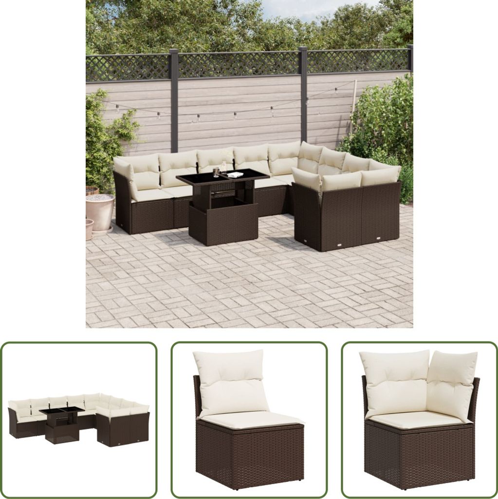 The Living Store 10-tlg. Garten-Sofagarnitur mit Kissen Braun Poly Rattan