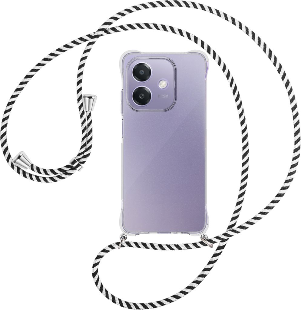 Handykette Backcover-Schutzhülle mit Band (Metall silberfarben) für OPPO A3X 5G - schwarz/weiß gestreift