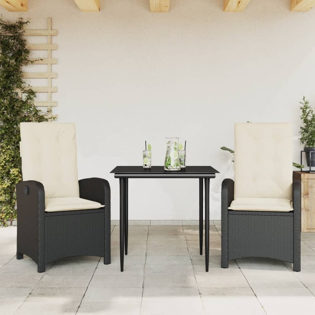 Design 3-tlg. Garten-Essgruppe mit Kissen Schwarz Poly Rattan, Gartenmöbel-Sets 2024 Neu