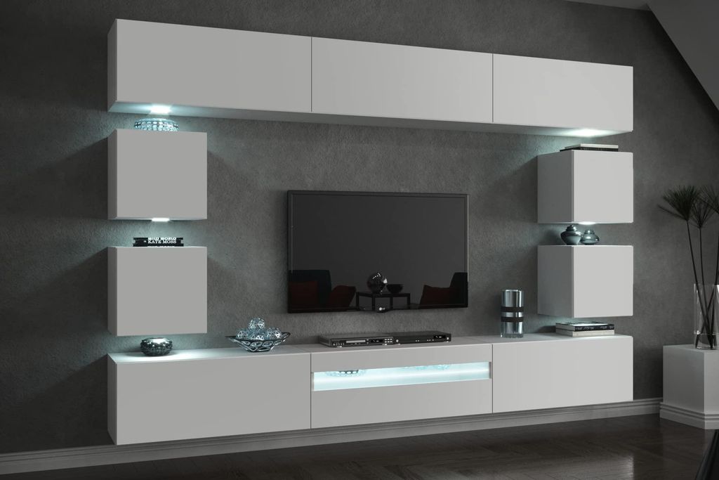FURNITECH Wohnwand Wohnzimmer - Wohnzimmer Möbel mit LED RGB - 16 Farben - Hängend Wohnwand Modern - Regale und TV Schrank (Future C81-18W-M4 1B ...
