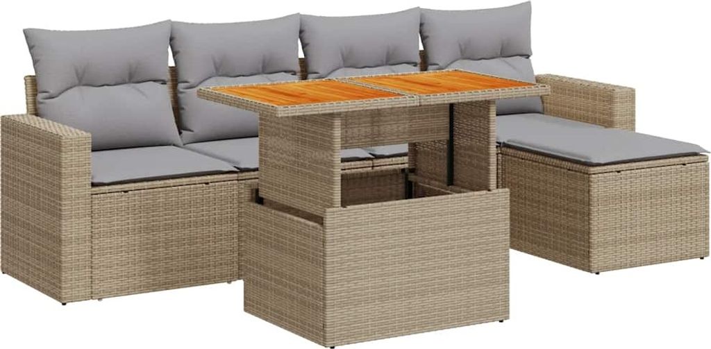 vidaXL 6-tlg. Garten-Sofagarnitur mit Kissen Beige Poly Rattan