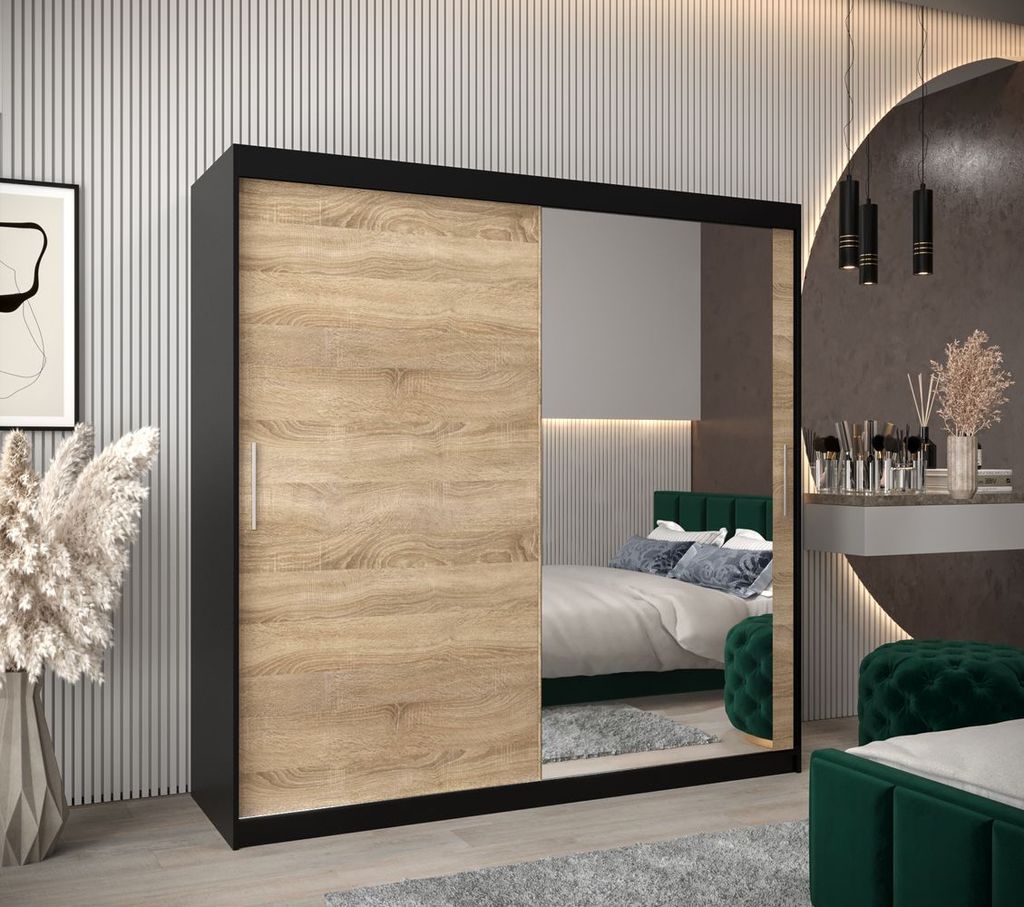 Schwebetürenschrank mit einer Breite von 200 cm TIMEA 2 – Schwarz / Eiche Sonoma