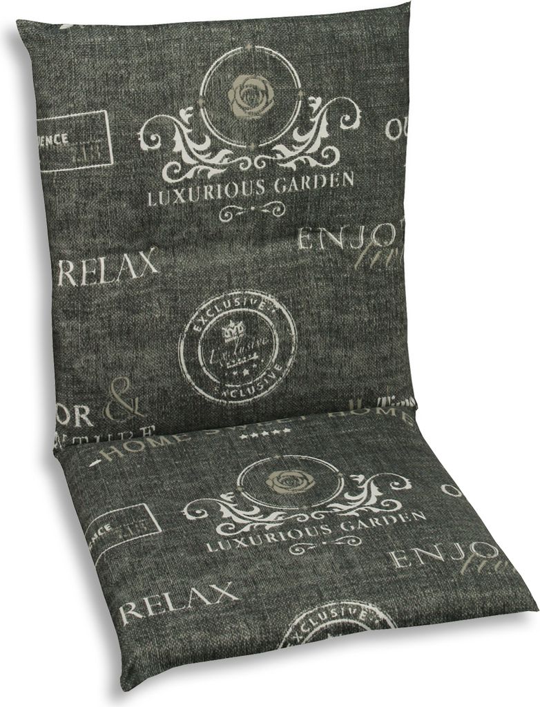 A chair cushion with a patterned fabric.