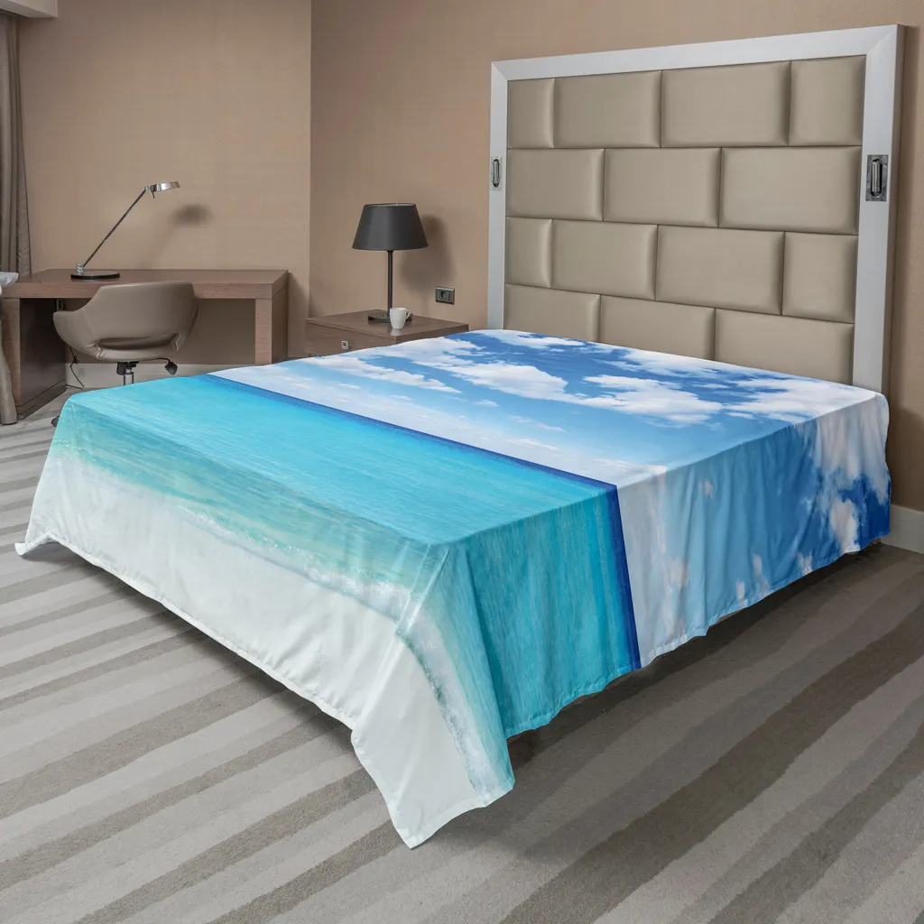 Drap de lit décoratif motif Paradis Côtier Turquoise et Blanc 244x205