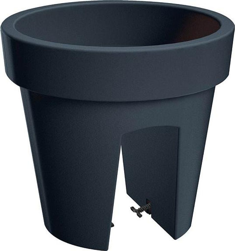 A dark gray planter pot with a wide rim and a split base, designed to hang on a railing. It has a small spigot at the bottom.