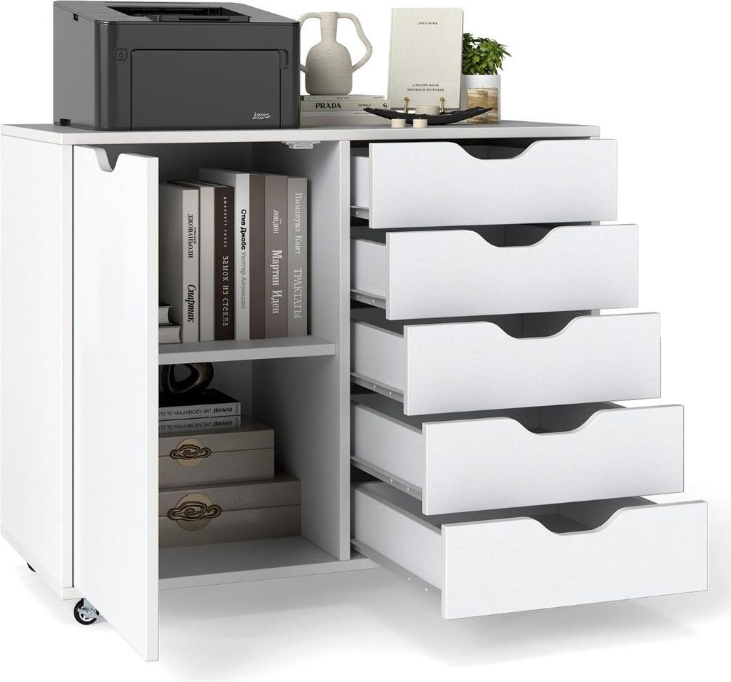 Mobiler Aktenschrank mit 5 Schubladen und Tür, Weiß